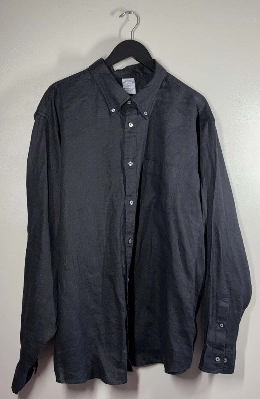 Brooks Brothers Shirt Mens 2XL Black Linen Long Sleeve Button Down Pocket Casual